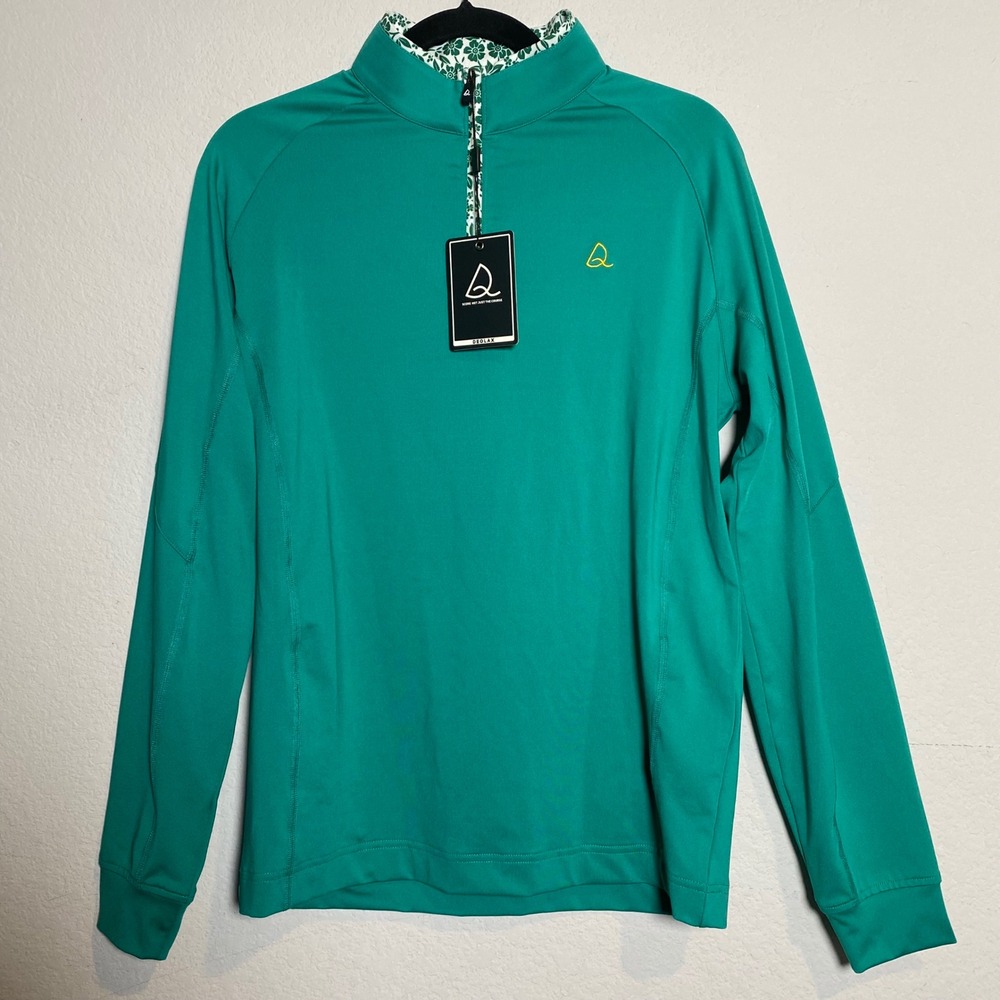 Deolax‎ 1/4 Zip Pullover Small Green Mens Golfcore Floral Trim Performance Shirt
